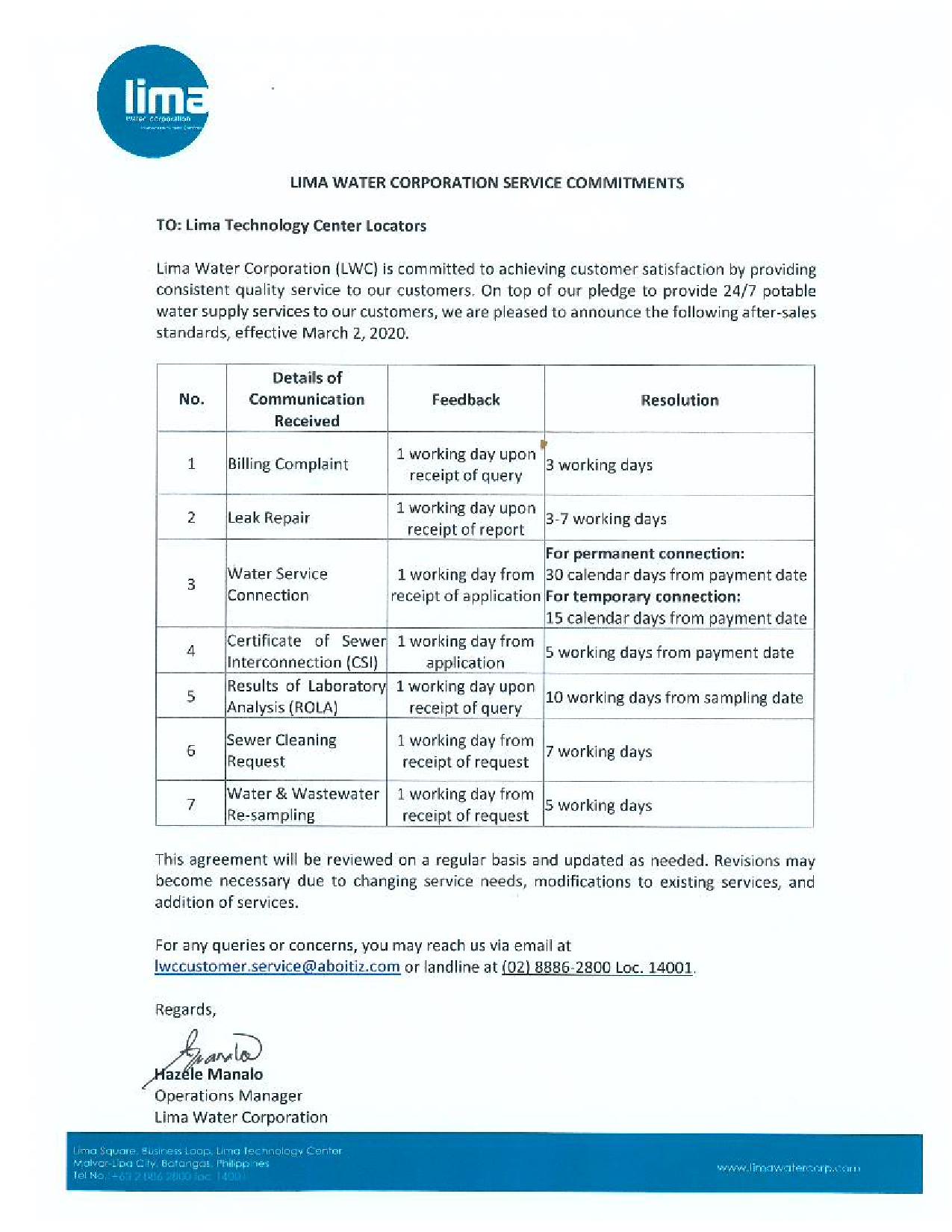 Lima Water Corporation Service Commitments Lima Water Corp.